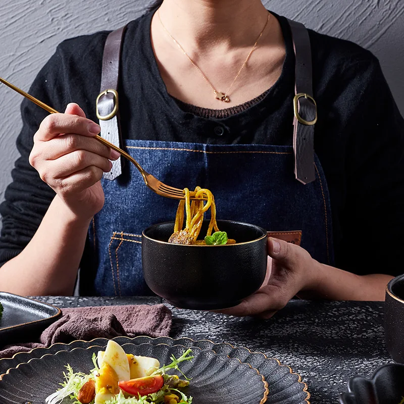 HCJ69 Japanese black matte ceramic tableware household dishes set retro hotel sushi long plate