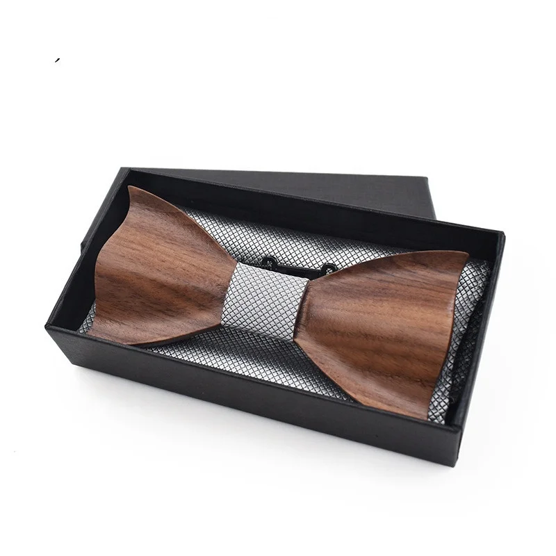 Handcraft classical 3d  wood bowtie wedding party neckties cufflink suit floral gift set men wooden bow ties necktie