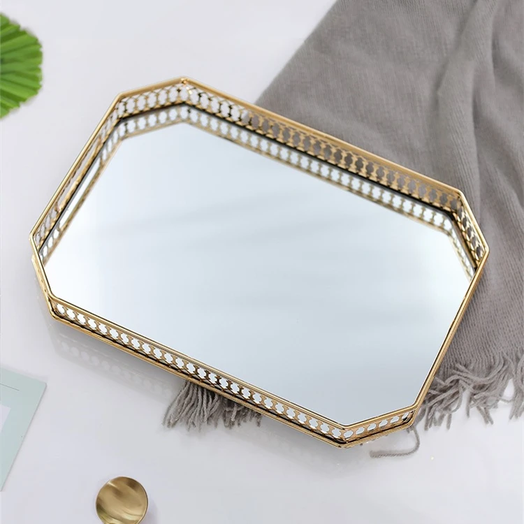 Wholesale creative decoration gold makeup mirror tray glass dried fruit snack service plate