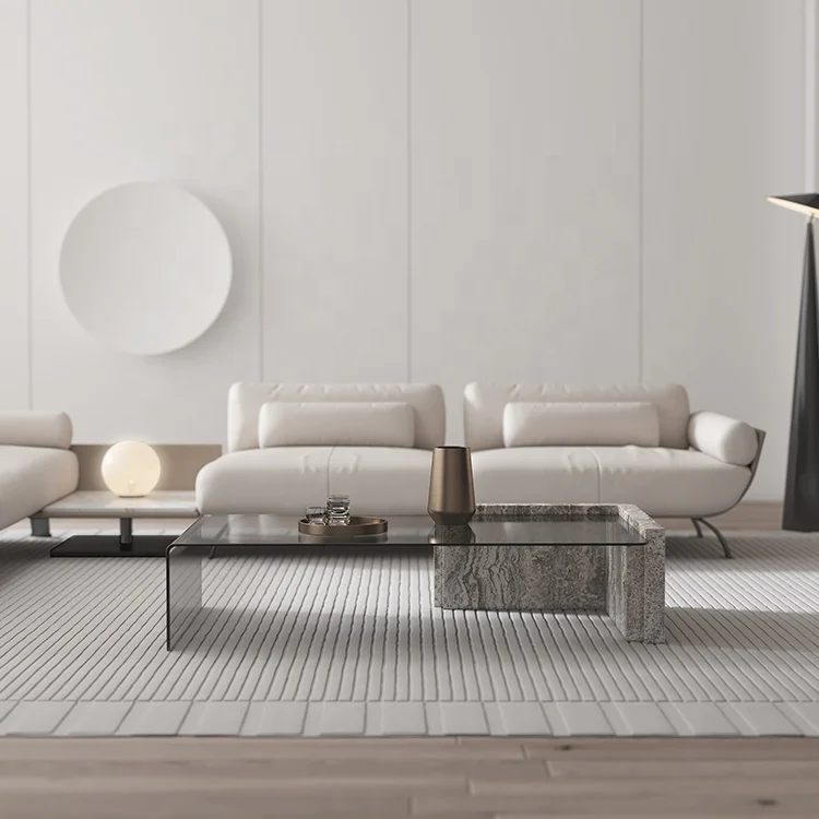 Modern  fancy glass coffee table living room natural stone and glass coffee table