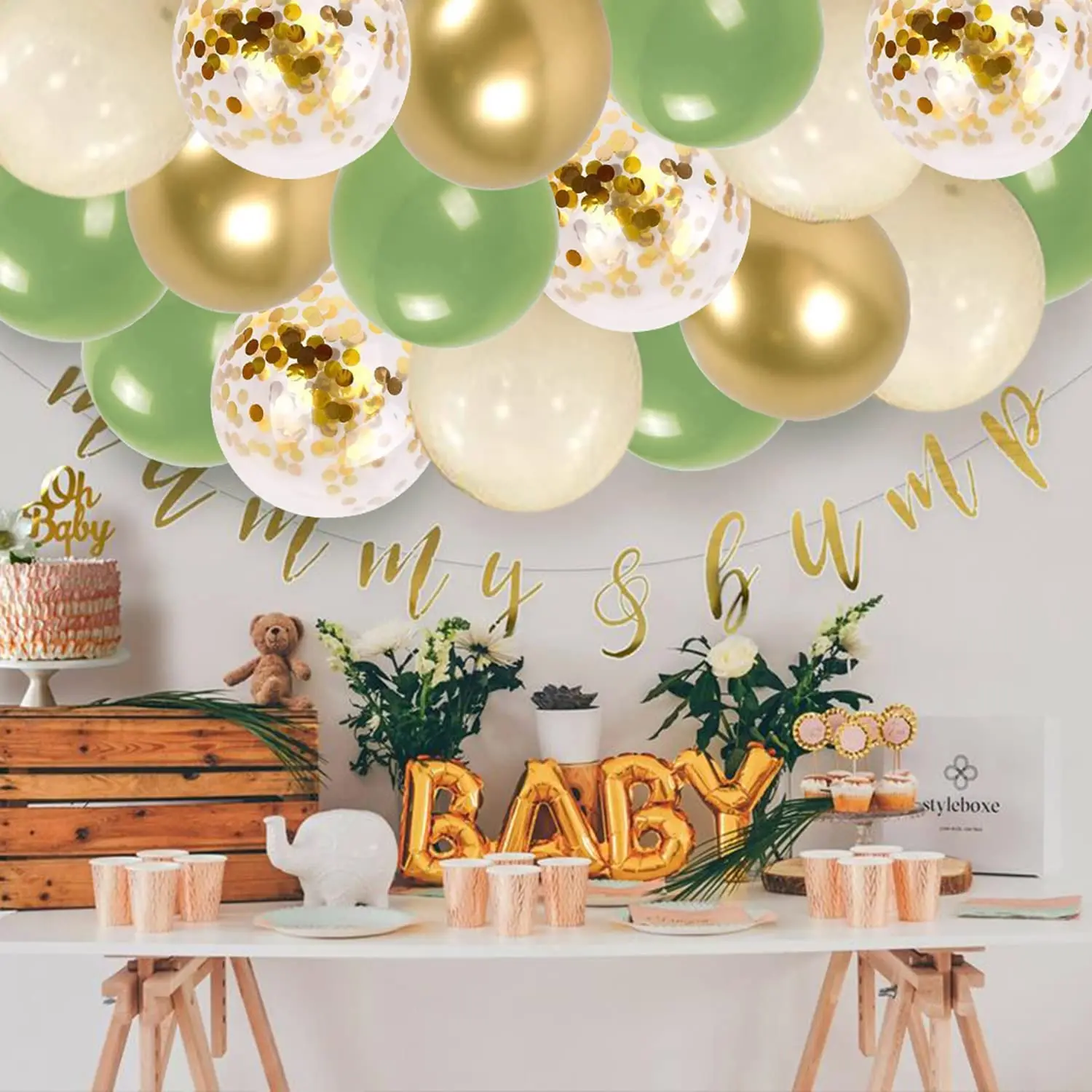 Olive Green Blush Gold Metallic Latex Ballon Sage Green Gold Confetti Balloons latex free balloon for Eucalyptus Birthday Baby