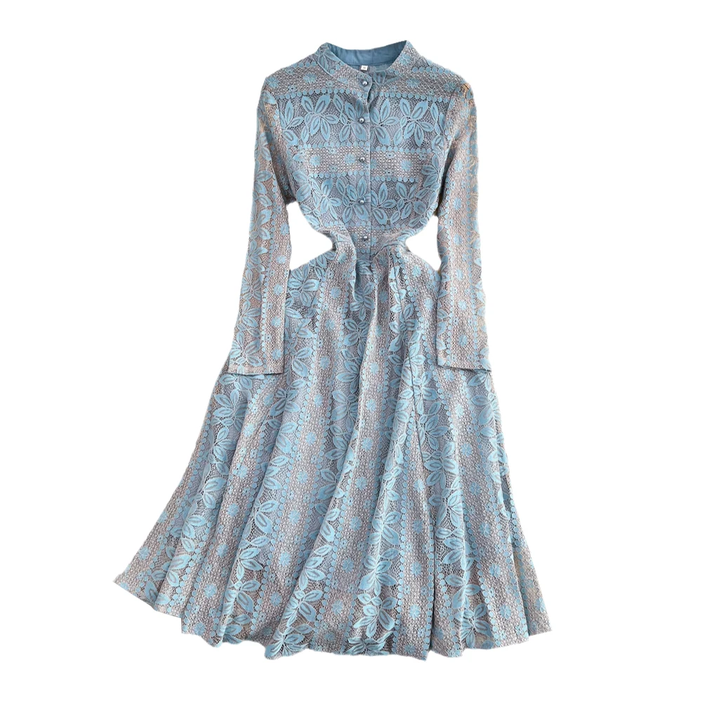 Retro Chinese style improved cheongsam 2023 summer stand-up collar long sleeve waist slimming A-word Pengpeng dress female