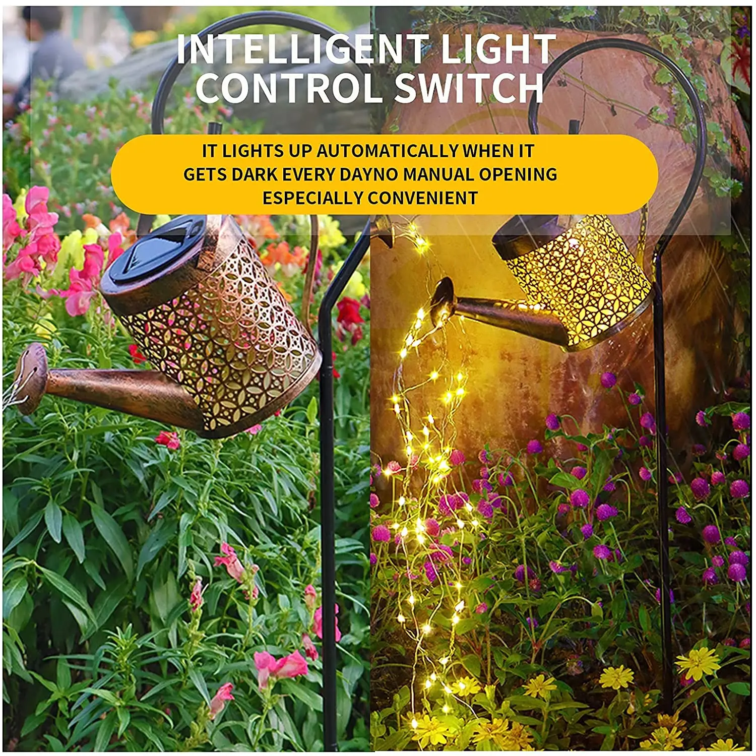 Solar Watering Can with Lights, Solar Lights Outdoor Decorative, Solar Waterfall Lights Waterproof, Metal Yard Art Decorations