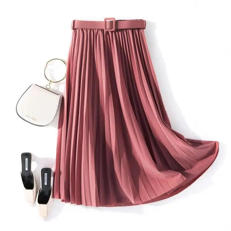 Spring Solid Color Women Elastic Waist Black Skirt Wholesale Breathable Office Ladies Chiffon A Line Pleated Skirts With Belt