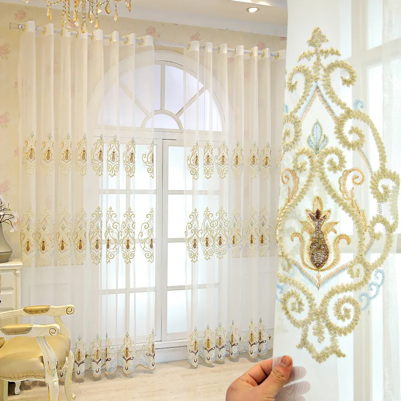 Luxury Flower Pattern Embroidered Semi Sheer Bedroom Rod Pocket Gradient Window Tulle drapes Panels Voile Curtain