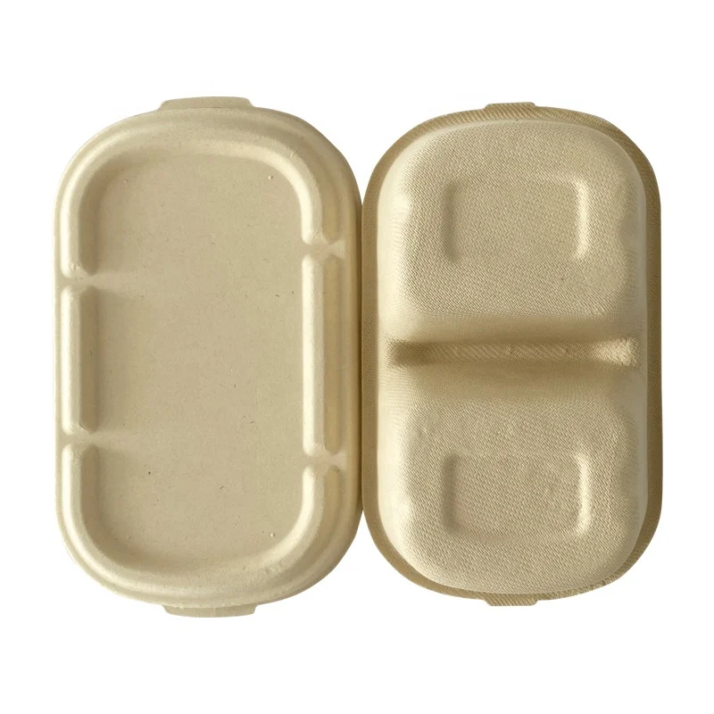 Compostable Togo Food Delivery Sugarcane Bagasse Pulp Lunch Box with Divider and Lid Sugarcane Food Box for Take Away Restaurant