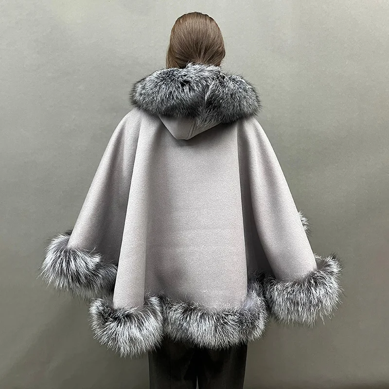 New Coming Real Fox Fur Poncho Women with Hood Cashmere Fur Shawl Cape