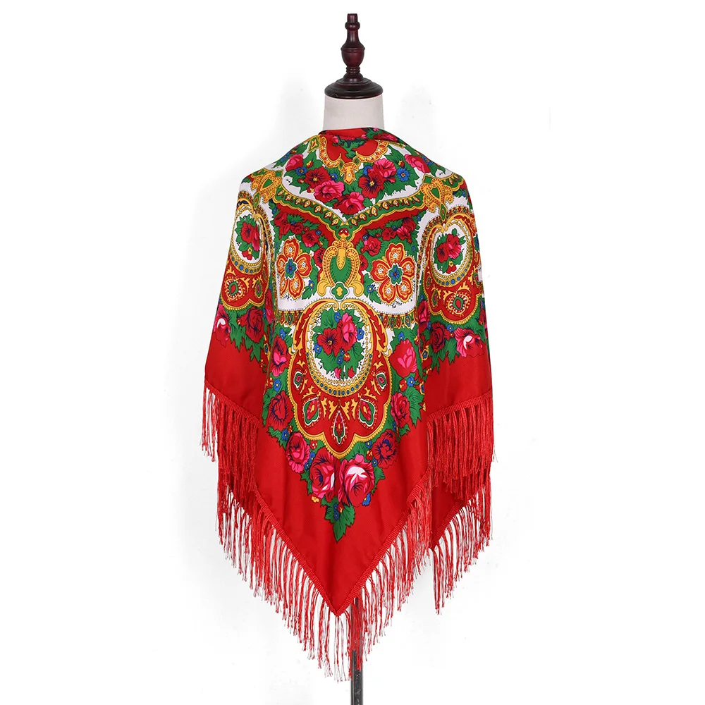GEERDENG New Arrival Soft Polyester Muffler Square Bandana with Tassel Fringes Ethic Warm Wrap Shawl Stole Russian Flower Scarf
