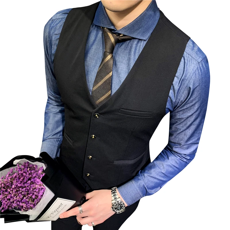 Мужской деловой облегающий жилет без рукавов с V-образным вырезом