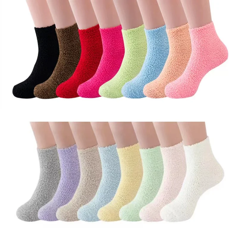 Winter Hot Sale Cheap Thick Coral Fleece Warm Ladies Socks Fashion Solid Plain Color Cozy Fuzzy Warm Women Socks