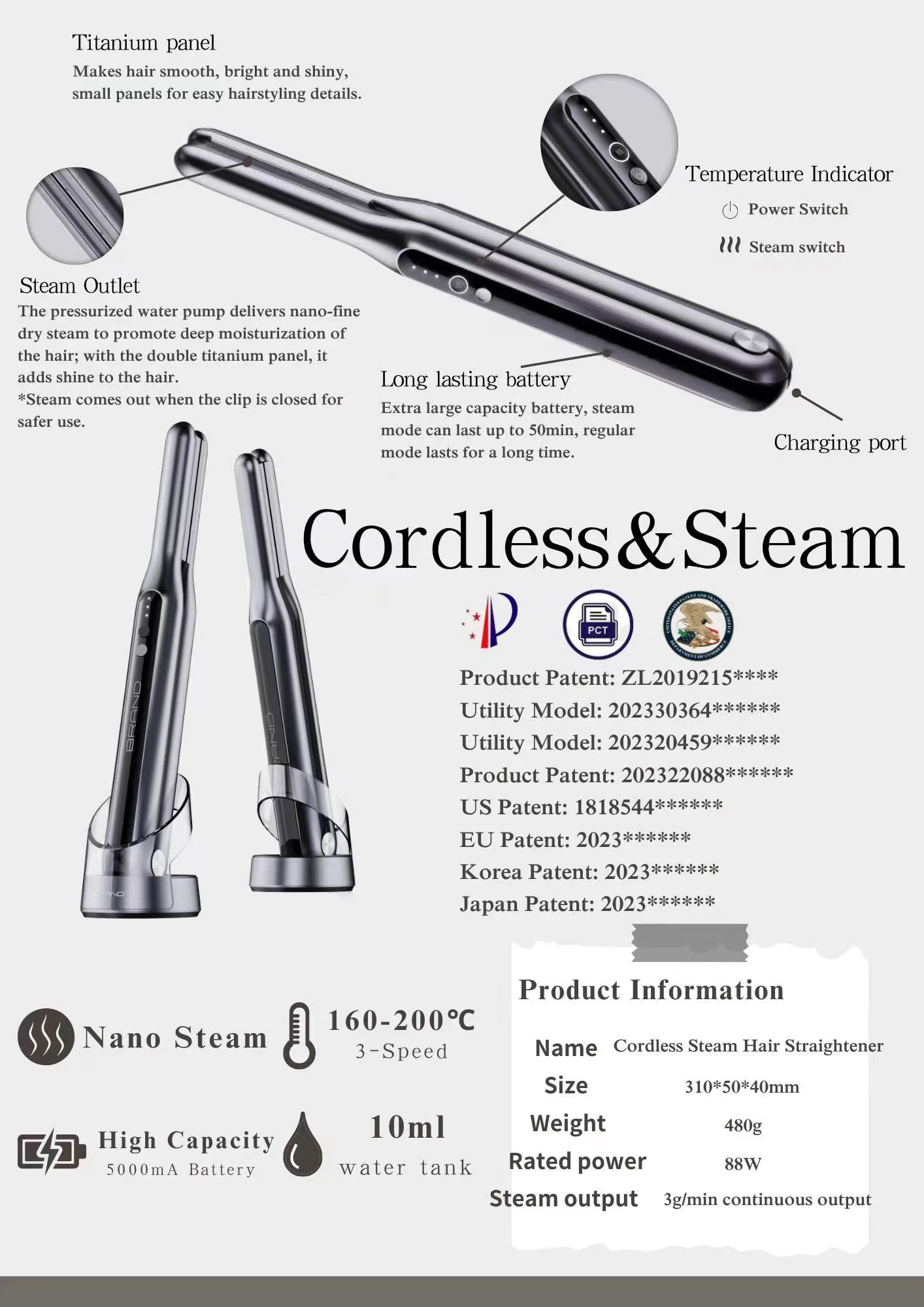 Cordless Wireless New Technology Nano Steam Hair Straightener Flat Iron