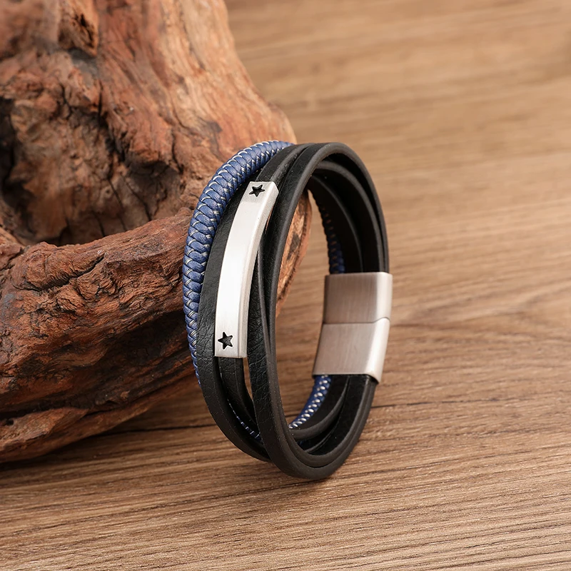 Stainless Steel Magnetic Closure Blue Round Leather Cord Chain Bracelet Men Woven Leather Bracelet for Anniversary