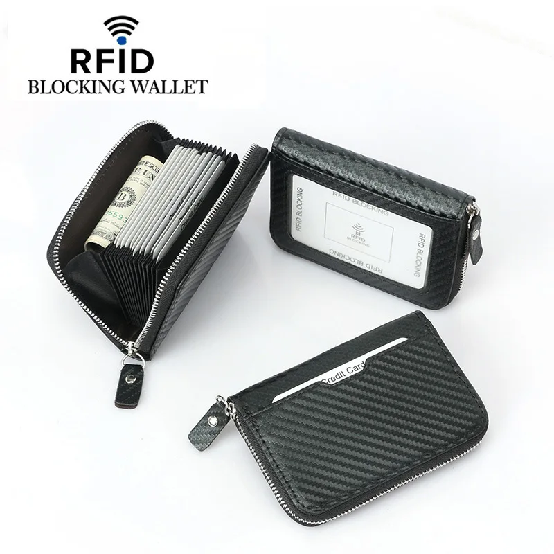 
Carbon fiber card bag RFID antimagnetic multi-function multi clip short zipper zero wallet 