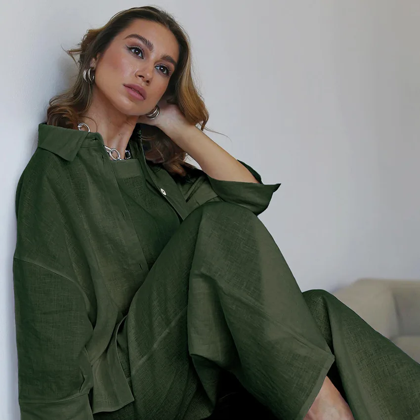 NR403 wholesale ladies women 100% cotton clothing top and pant 3 piece loungewear set linen lounge wear