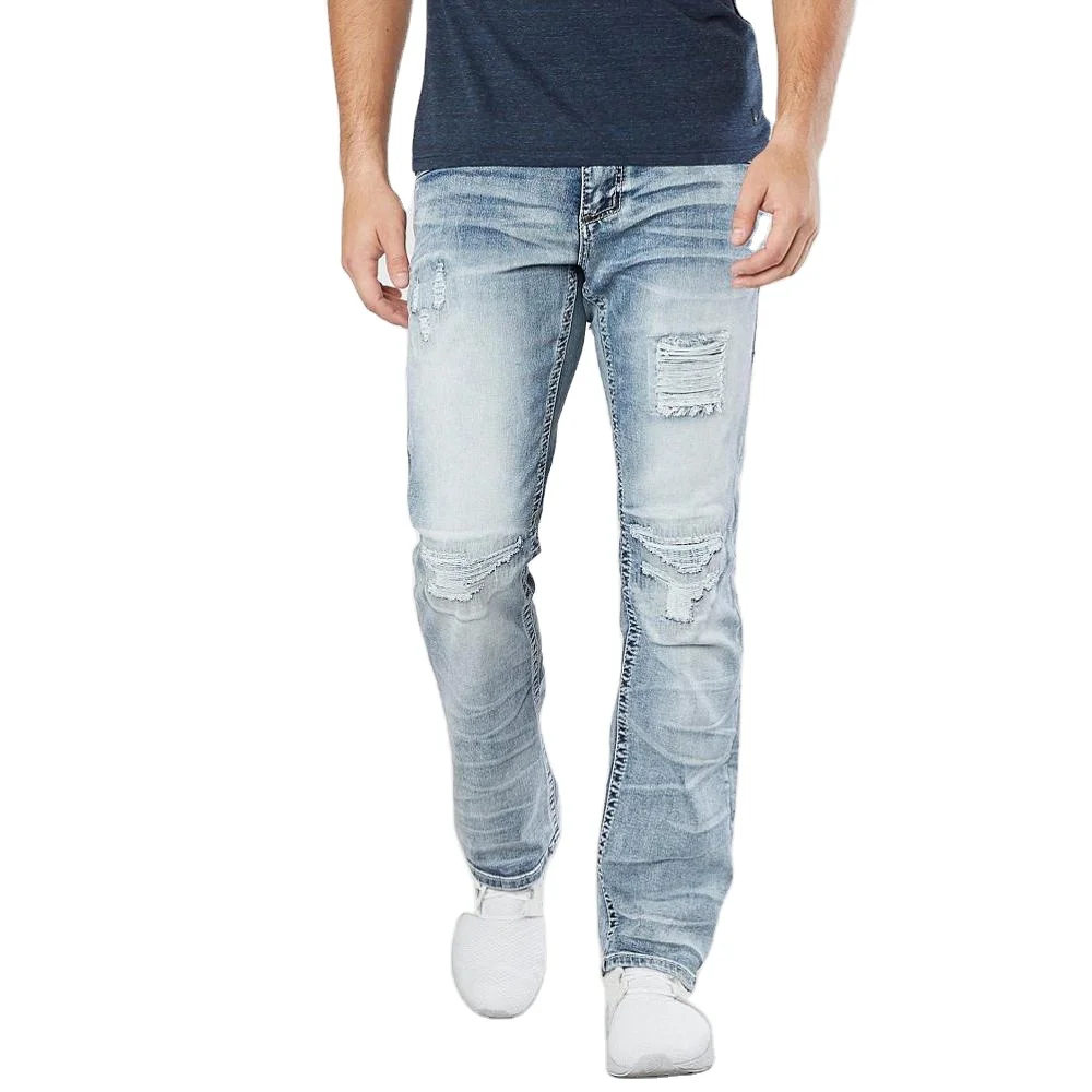 Jeans factory OEM direct high quality light blue ripped jeans pants for men