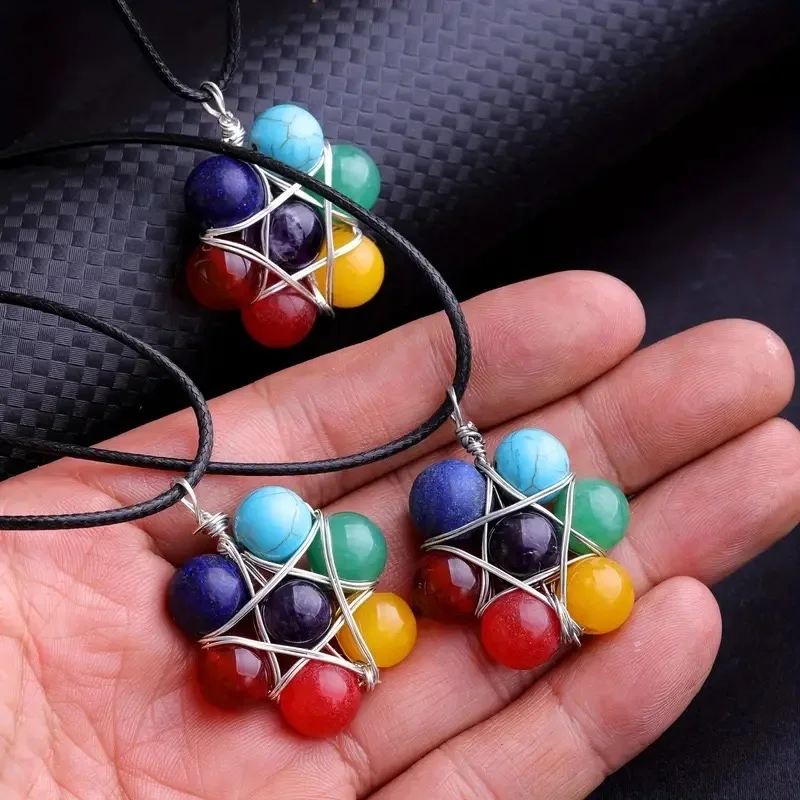 Natural Crystal Bead Hexagram Pendant Chakra Crystal Stone Bead Pendant for Healing Gift