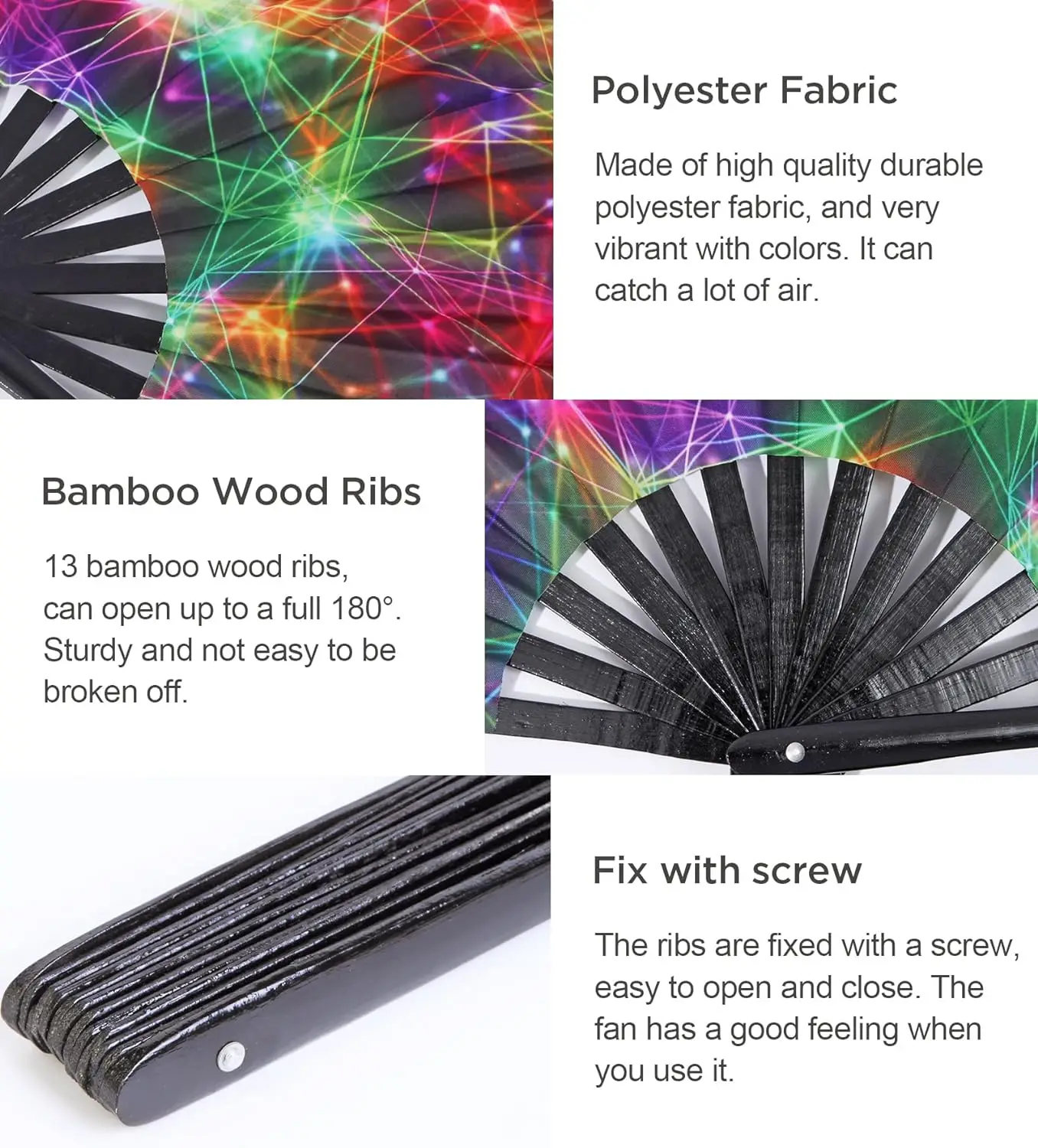 Rave Bamboo Holding Large Folding Fan with Bright Color Fabric Folding Fan for Festival