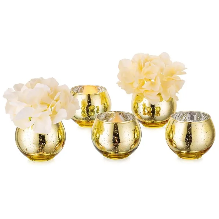 Wholesale Gold Small Glass Bud Vase Sparkling Round Glass Vase for Flowers Bar Table Centerpiece Home Decoration