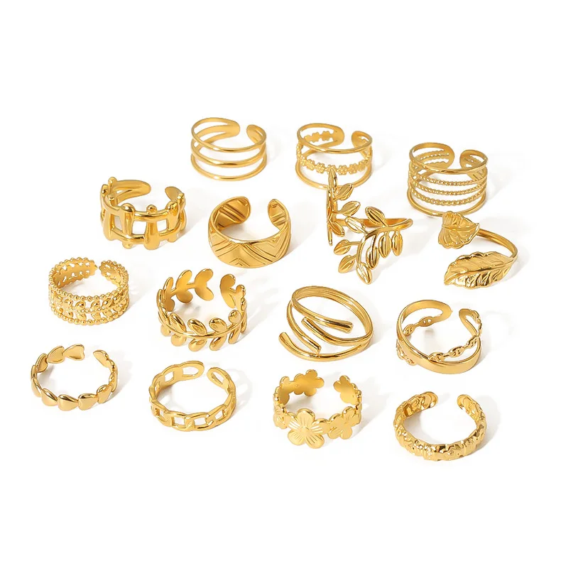 Ins Style Geometric Leaf Flower Snake Heart Shaped Stainless Steel Rings 18k Gold Plated Multi-Layer Chunky Open Ring