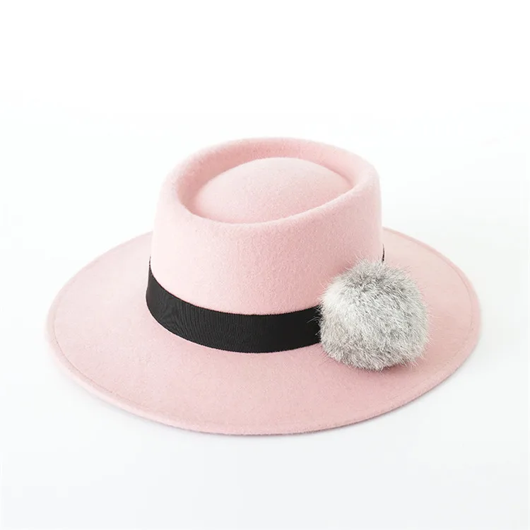 X1270 Unisex British Hats New Rabbit Fur Ball Decorative Wool Flat Hats Ladies Fashion Big Eaves Felt Flat Top Caps Fascinator