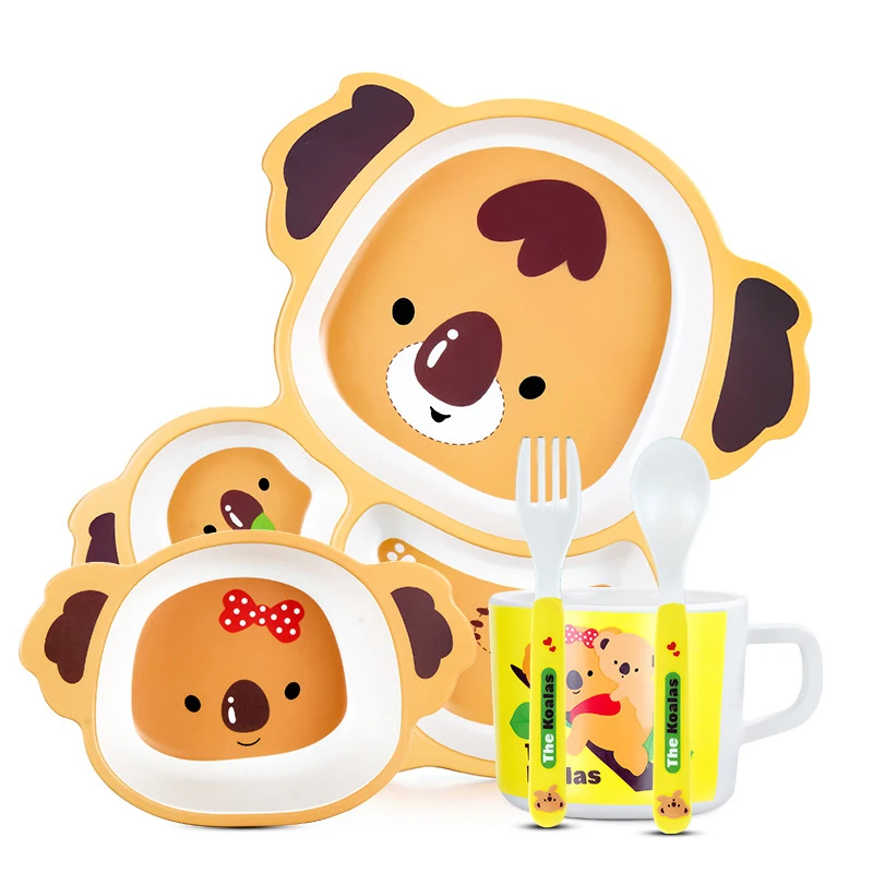 Bamboo fiber tableware Cute cartoon whale elephant giraffe baby kids children bowl divided plate spoon fork tableware set