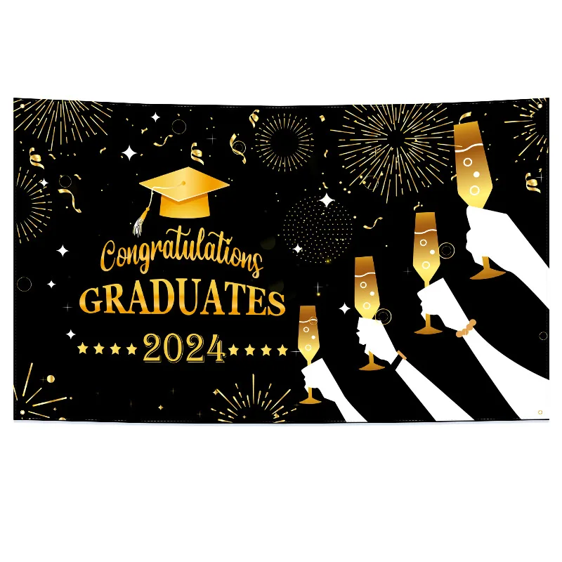 Fast Delivery Fabric Glitter Gold Congratulation Graduation Background Cloth with Grommets and rope