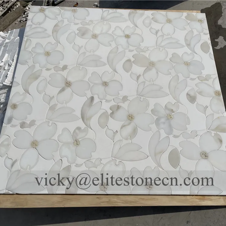 Wall or Floor White Thassos Marble Mosaic Tile Bathroom Waterjet Stone Mosaic