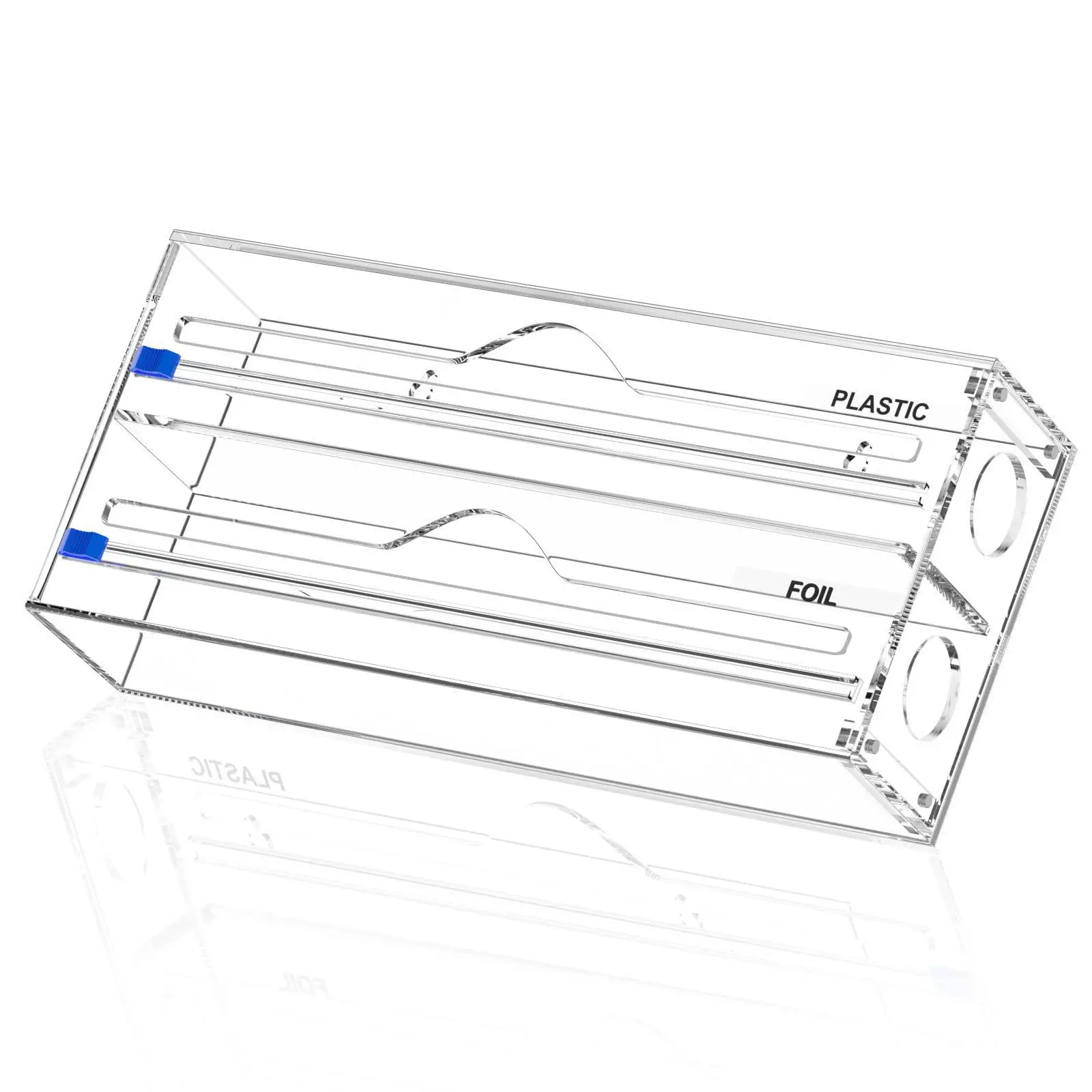 3 in 1  Foil Dispenser with Slide Cutter and Labels  Plastic Wrap Aluminum Foil Acrylic Roll Organizer Holder