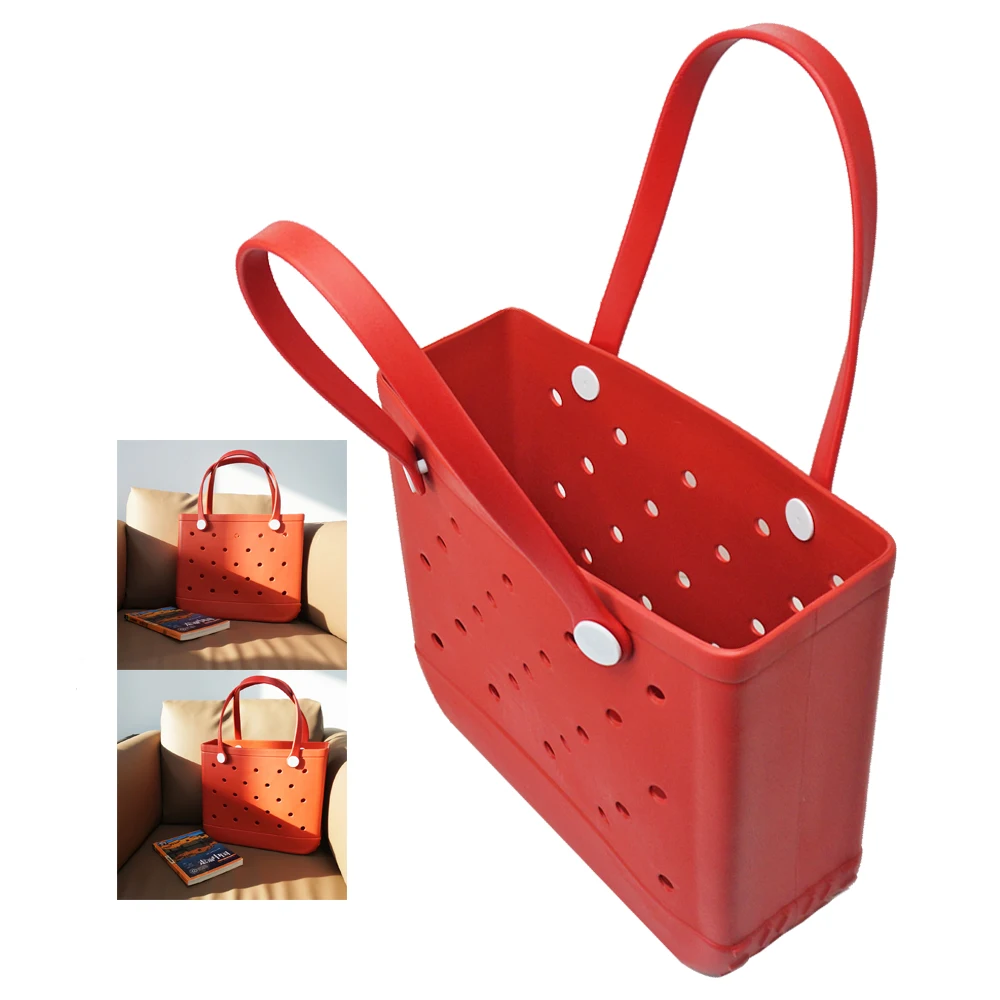 Large Rubber Waterproof Beach Tote Bag Washable Anti-tip Durable Beach Storage Basket Hole Opening Tote Bag