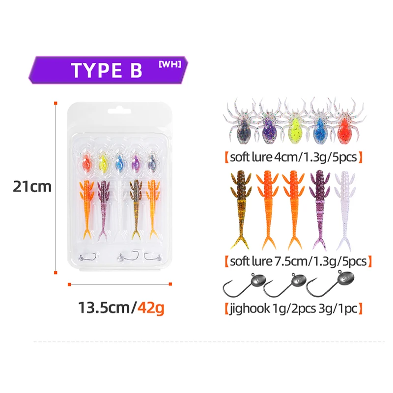 WEIHE 5types TPE soft fishing lure jighook kit soft fishing bait with lead head hook combo pesca freshwater saltwater