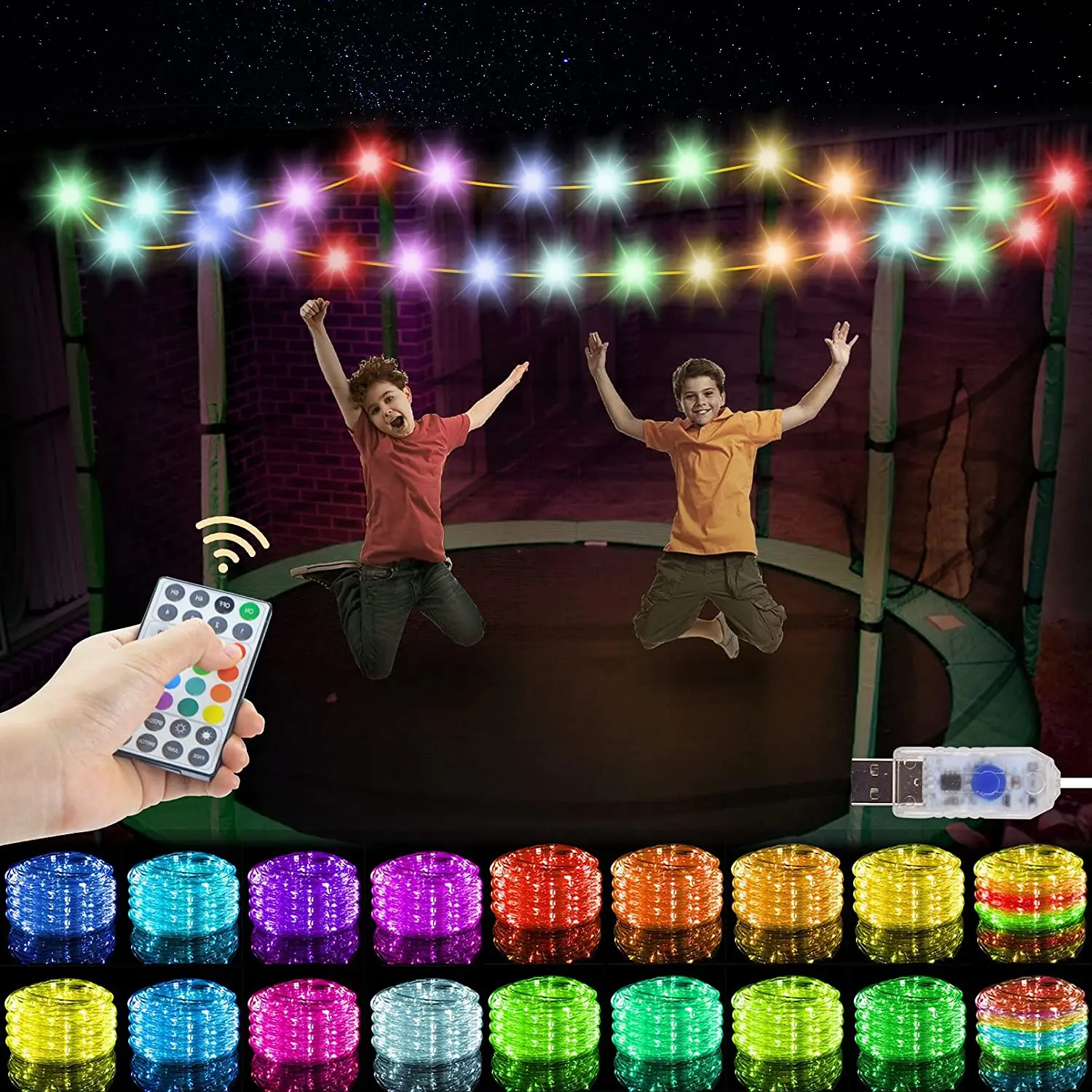 12m 39.4ft waterproof 7 Flashing Modes Remote Control Trampoline Rim LED Rope Light with USB Plug or Battery box for Trampoline