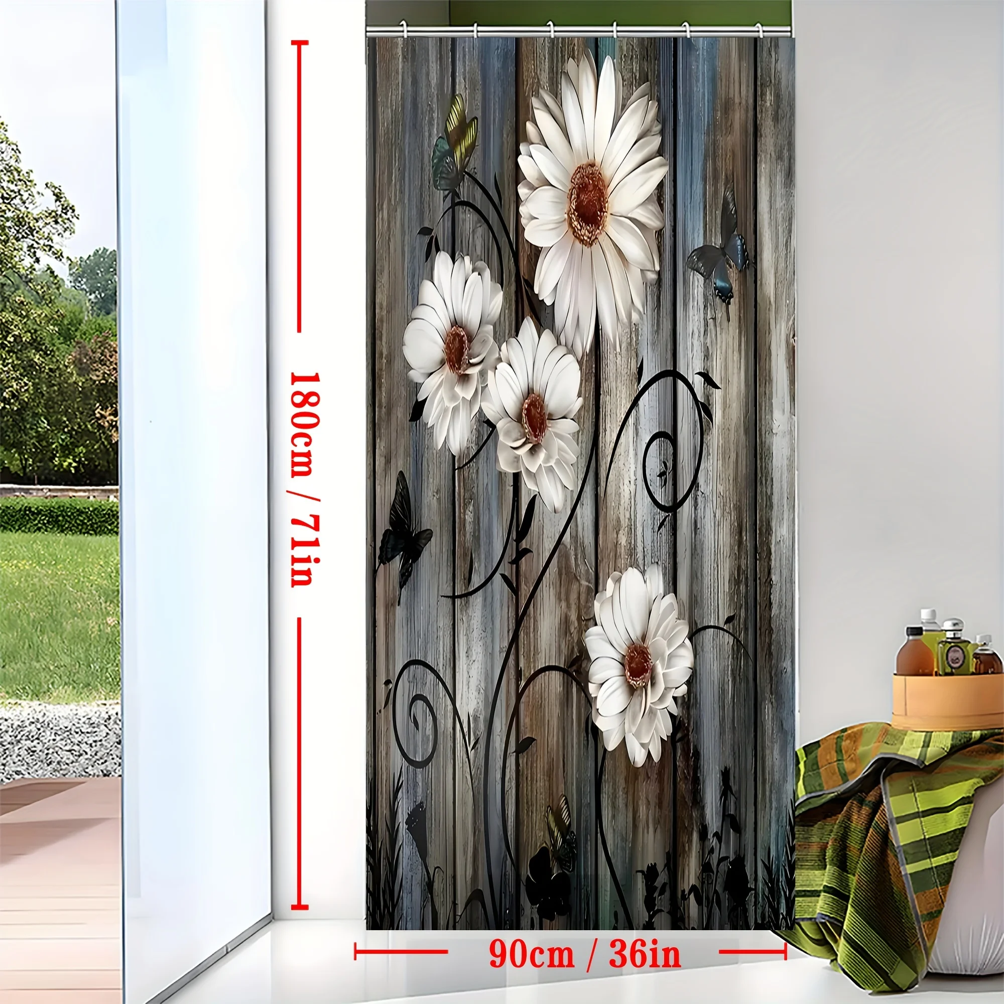 Grey Floral Shower Curtain With Butterfly Daisy Design, Bathroom Decor,shower Curtains Set