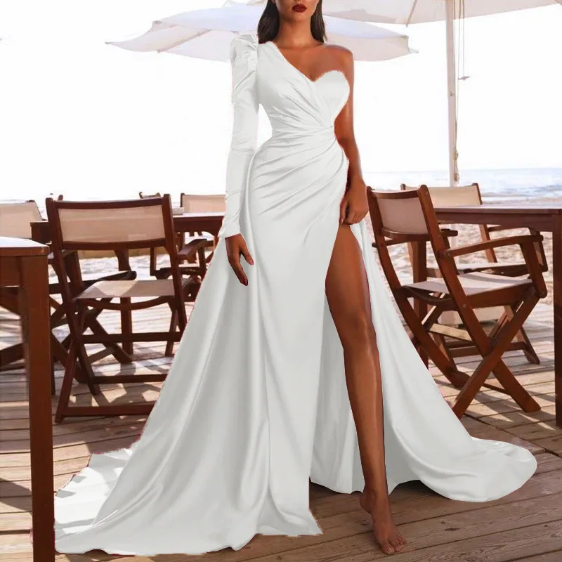 Long Sleeve Silk And Satin Women Prom Dresses Slit One Shoulder Floor-Length Skirt Banquet Evening Dress