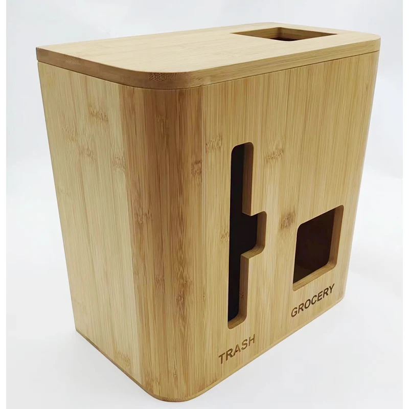 Factory Custom Bamboo Wall Mounted Grocery Trash Bag Holder Storage Organizer 2 in 1 Dispenser