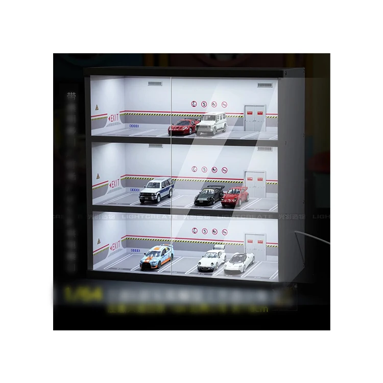 1/64 Parking Lot Car Model Storage Box Toy Scene Model with Acrylic Dust Cover Built in LED Light Display Cabinet Diorama