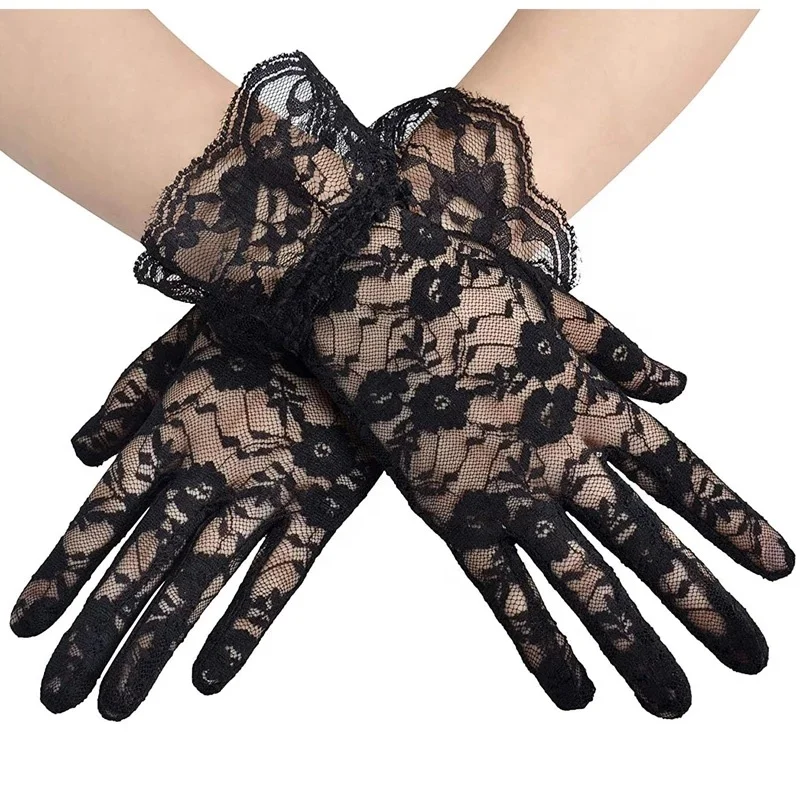 
 RY Women Vintage Sheer Short Lace Gloves Derby Tea Party Wrist Length Floral Gloves for Dinner Fancy Costume Accessories Gloves  