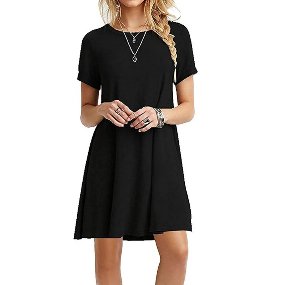 Women Sexy Solid Color Print A-Line Dress Round Neck Short Sleeve Casual Party Dresses Girls Above Knee Sweet Dress