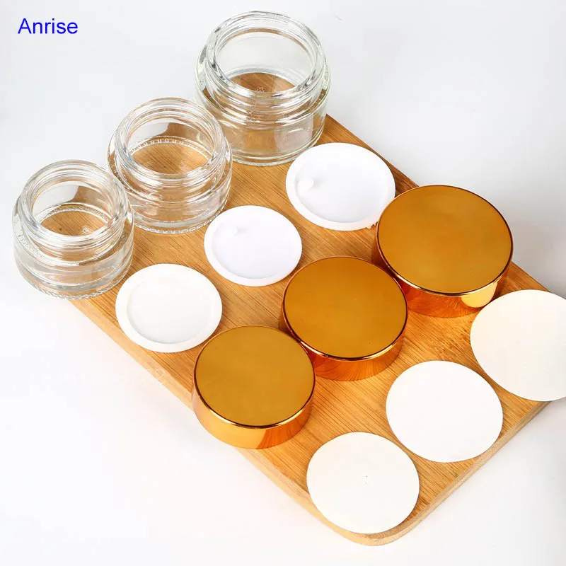 5ml 10ml 15ml 20ml 30ml 50ml 60ml 100ml Clear Glass Body Cream Jar Empty Gold Aluminum Lids Cosmetic Face Cream Jars