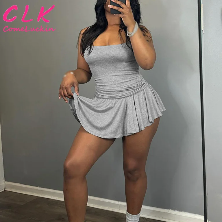 Custom Logo 2024 Summer Spaghetti Strip Crop Top + Mini Pleated Skirt With Underwear Fashion 2 Piece Skirt Set For Women