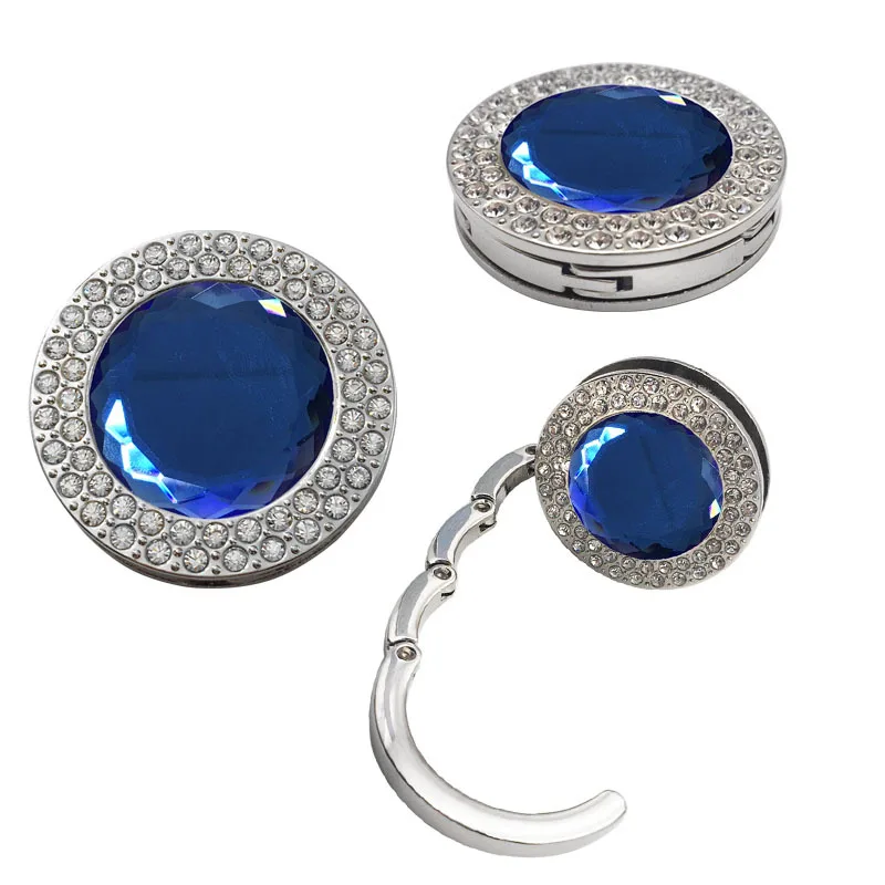 Creative Round Double Row Diamond Crystal Glass Bag Hook Custom logo Folding Metal Portable Table Hook Handbag Hanger