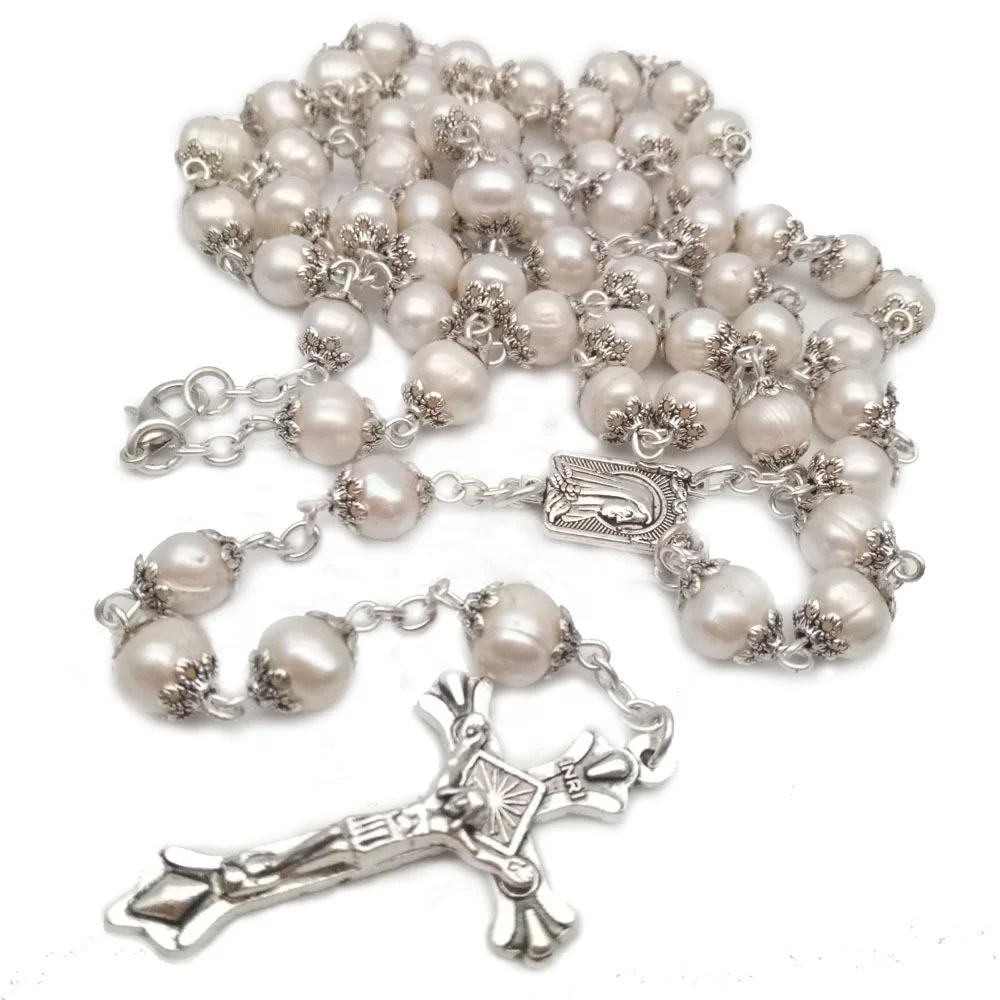 Wholesale  Rosary Beads Catholic For Woman Natural Real White Pearl Rosary Beads Necklace Metal Beaded  Religious Items