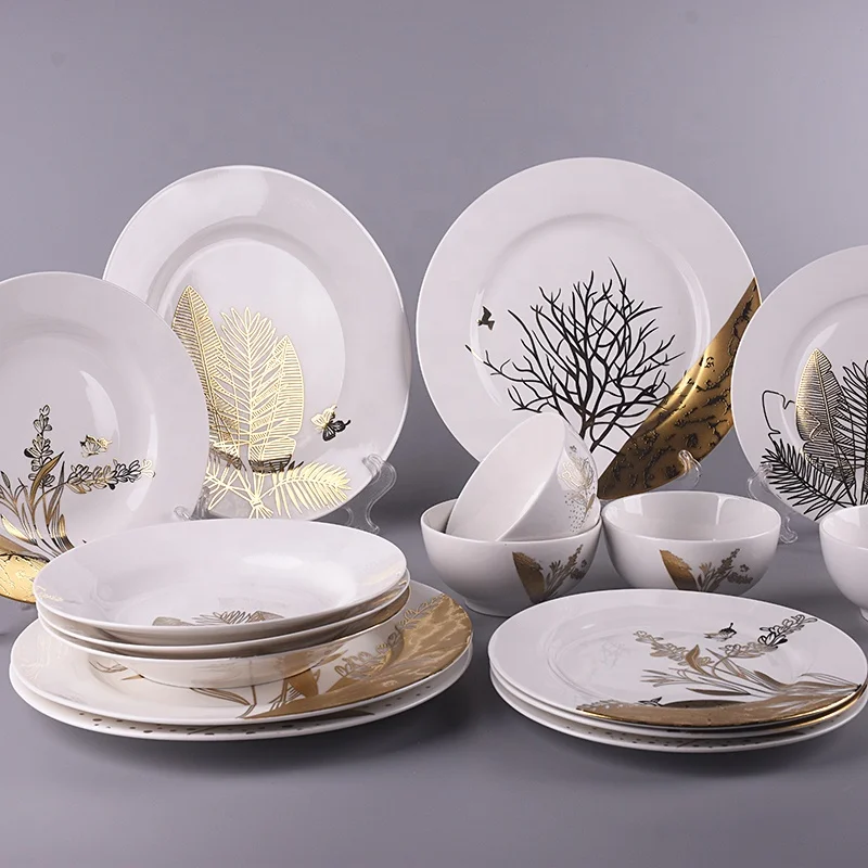 Luxury European Fine Dining Ceramic Dinnerware White Porcelain Plates Bowls Elegant Gold Black Leaf Patterns Sustainable Dishes