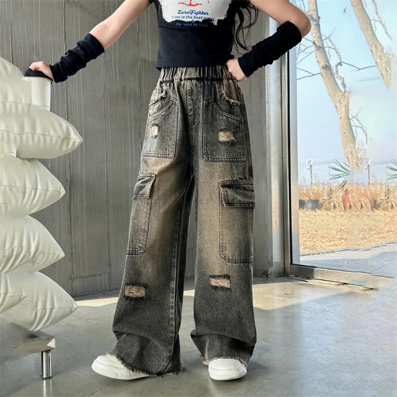 2024 New Fashion Children Girl Spring Brown Pocket Distressed Cargo Jeans 5-15 Years