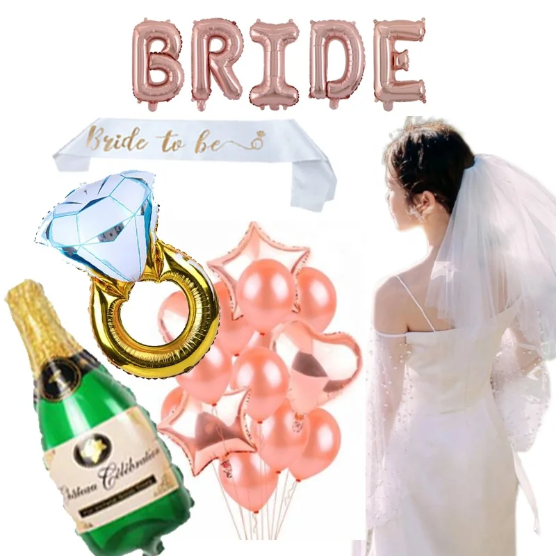 
Hot selling 29pcs Bachelorette Party Decorations Rose Gold Foil Balloons Bride to be Sash Veil Ring Balloon Kit 