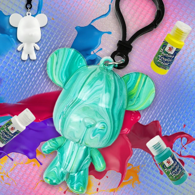 Hot Selling Plastic DIY Creative Fluid Bear Key Chain Pouring Paint Set DIY Fluid Bear Toy Voilent Bear For Home Decoration