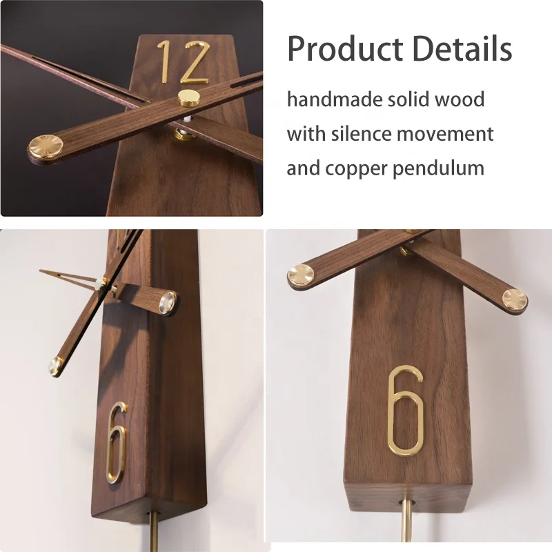 modern simple style home decor wall clock solid wood with copper pendulum art for living room bed room dinning room wall decor
