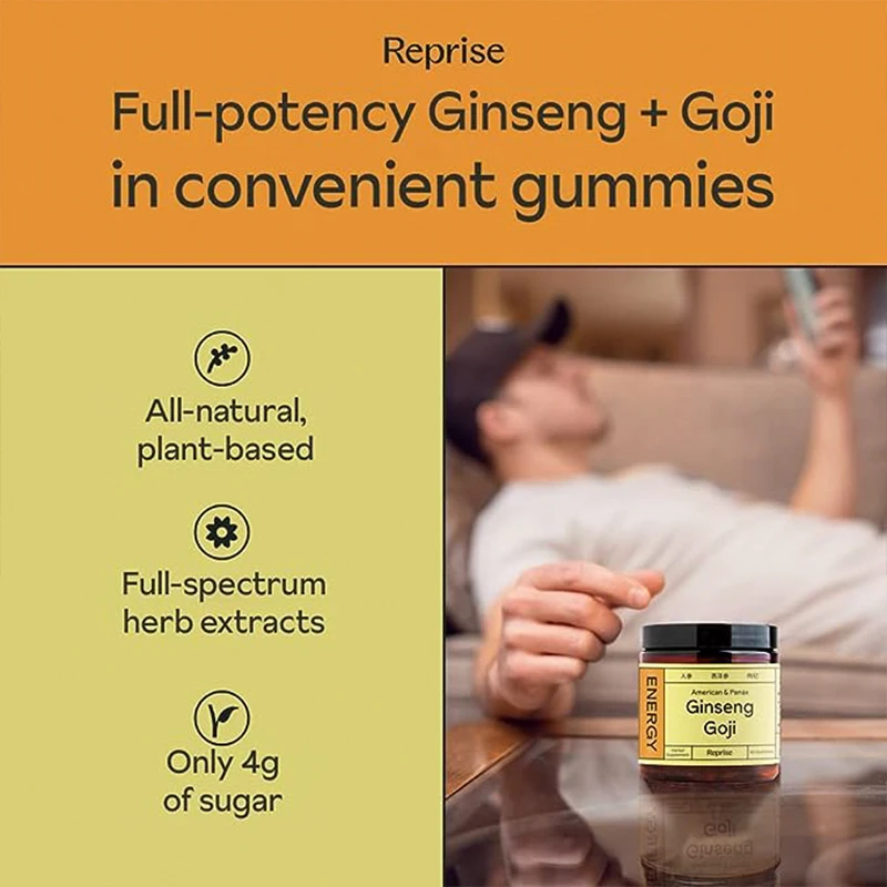 Herbal Energy Boost Gummies  All Natural with American Ginseng Korean Panax Ginseng Goji Extract Supports Mood Brain Focus Vegan