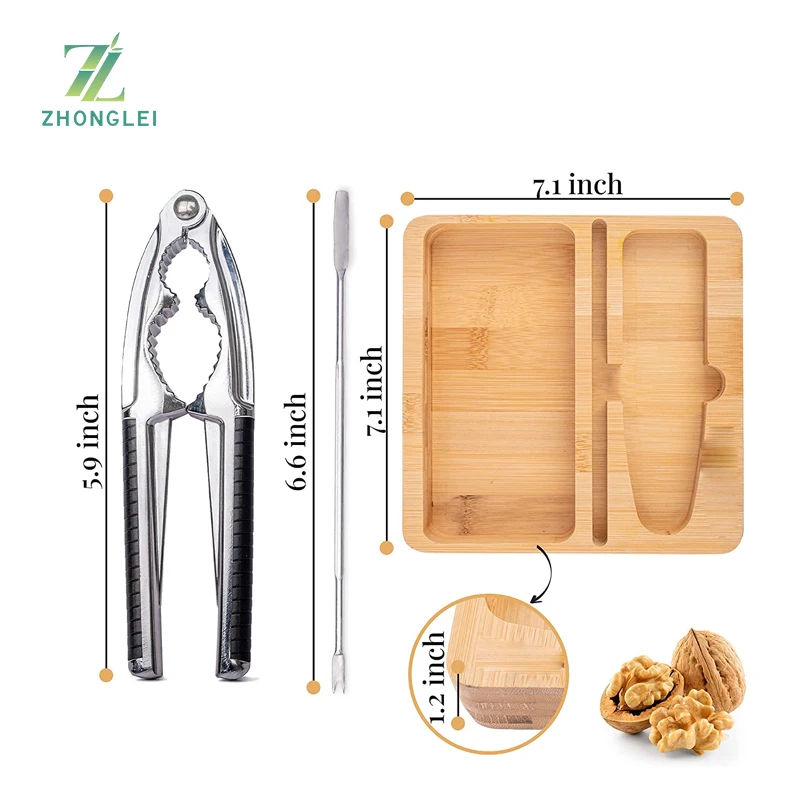 Nutcracker with Bamboo Tray and Pick Set - Heavy Duty Metal Hand Cracker for Hard Shell Nuts Pecan Pistachio Walnuts
