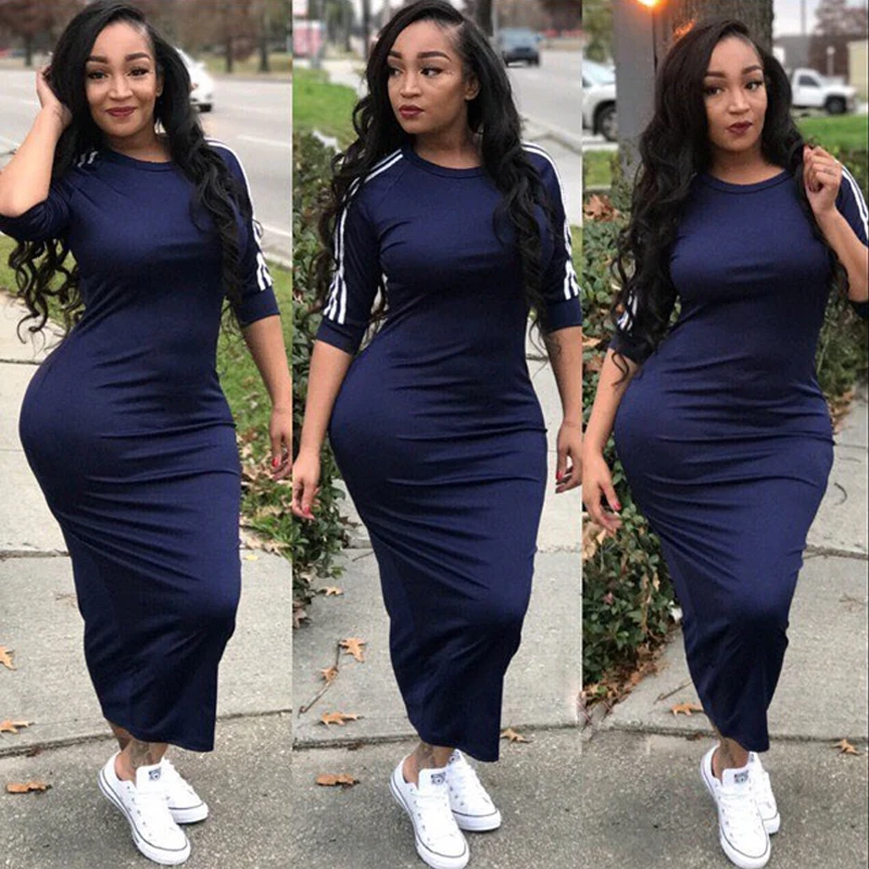 03058221-New Women Clothes Round Neck Short Sleeve Striped Skinny Solid Color Dress Womens Casual Dresses