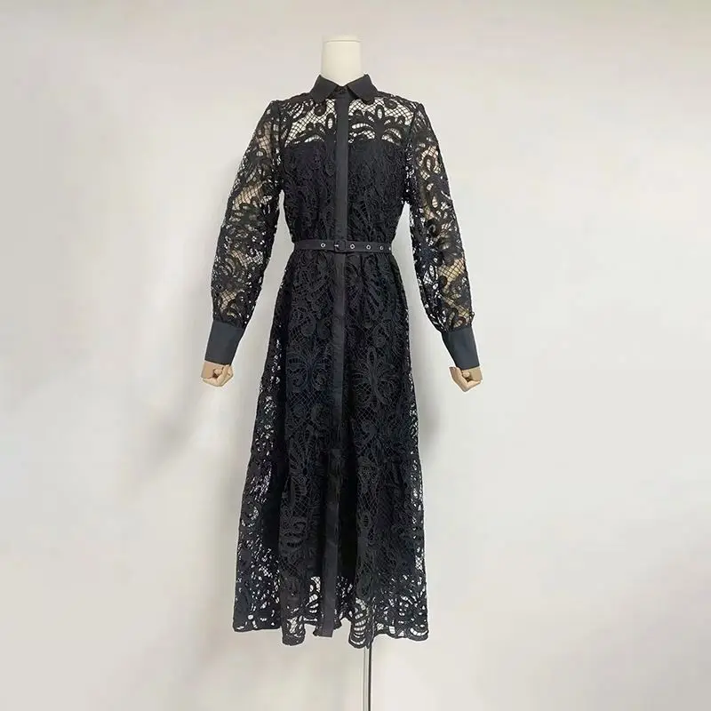 French Artistic Retro Style 2024 Autumn New Lapel Machine Embroidery Hollow-Out Cinched Dress Women